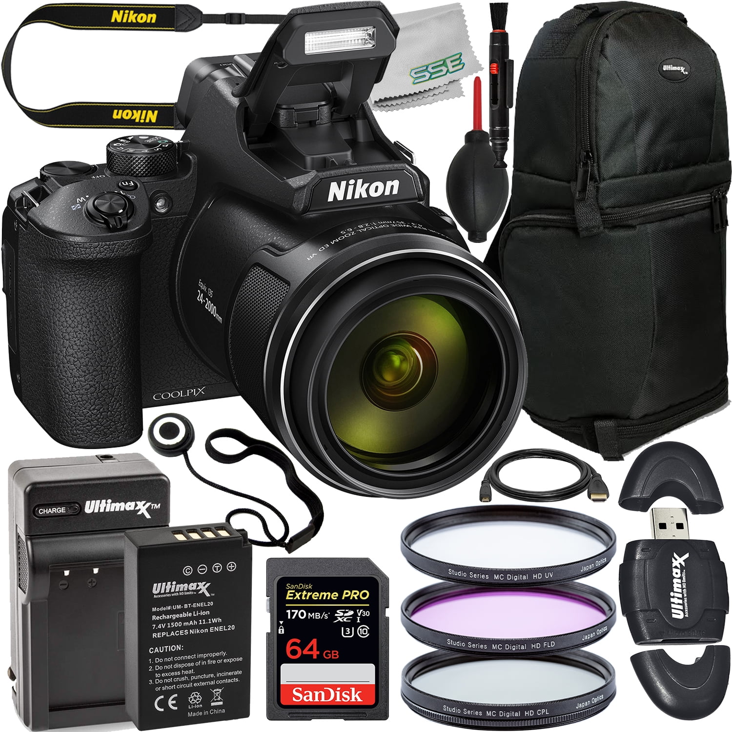 Nikon COOLPIX P950 Digital Camera with Essential Accessory Bundle: SanDisk  64GB Extreme Pro SDXC, Replacement Battery with Travel Charger & More (20pc 