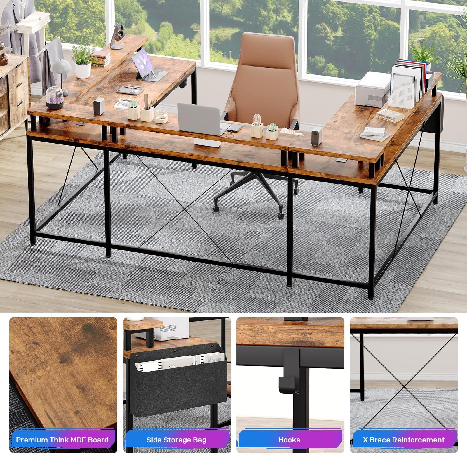 Luku U Shaped Home Office Desk, Reversible L Shaped Gaming Computer Desk with Power Outlets,126 Inch Computer Desk with Monitor Stand and LED Lights,Storage Shelves,Storage Bag and Hooks