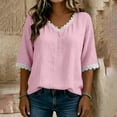 thumbnail image 7 of Otntypg Womens Linen Tops Elbow Length Sleeve Lace Trim Button V Neck T-shirt Dressy Casual Work Blouses Summer Outfits Beach Vacation Tunic Tees Shirt Pink XL, 7 of 7