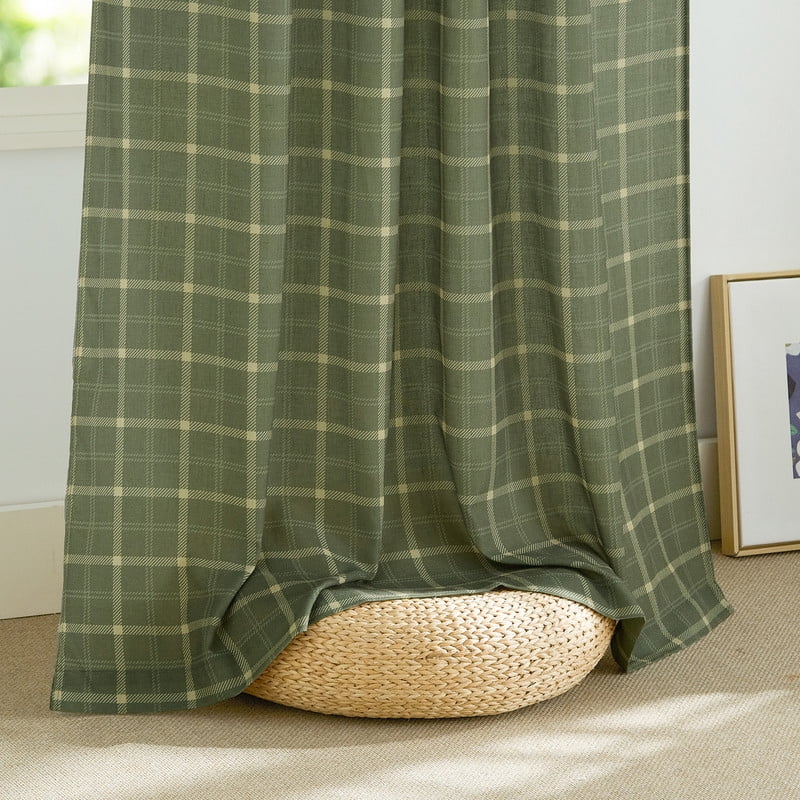 NICETOWN Green Linen Plaid Curtains for Living Room, Check Tartan Light Filtering Privacy Semi Sheer Linen Curtains Rod Pocket Back Tab Farmhouse Country Style Drapes, 52"x96", 1 Pair