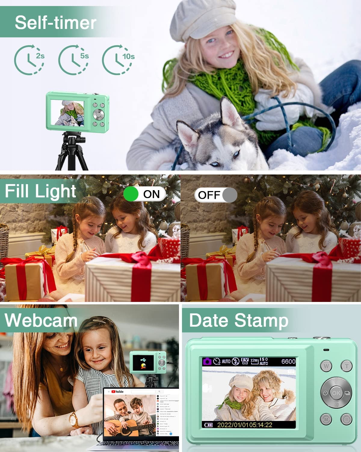 Digital Camera Kids Camera FHD 1080P 44MP Vlogging Cameras with 16X Digital Zoom for Kids Teens Seniors with 32GB Card (Green)