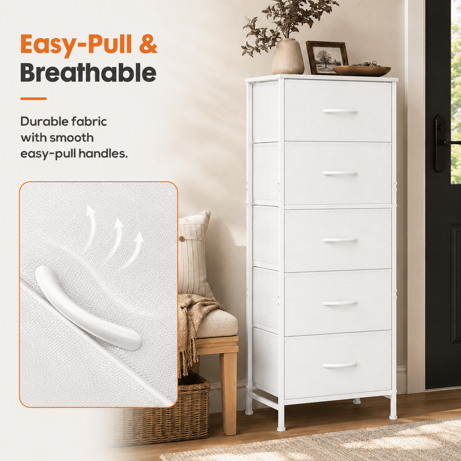 Alvantor Tall Dresser for Bedroom with 5 Drawers, Vertical End Table and Nightstand for Bedroom, Storage Organizer Chest of Drawers with Removable Fabric Bins