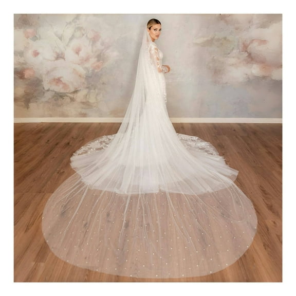 300cm Long Cathedral Wedding Veil with Beaded Pearls - Elegant One-Tier Bridal Accessory for Weddings and Engagements