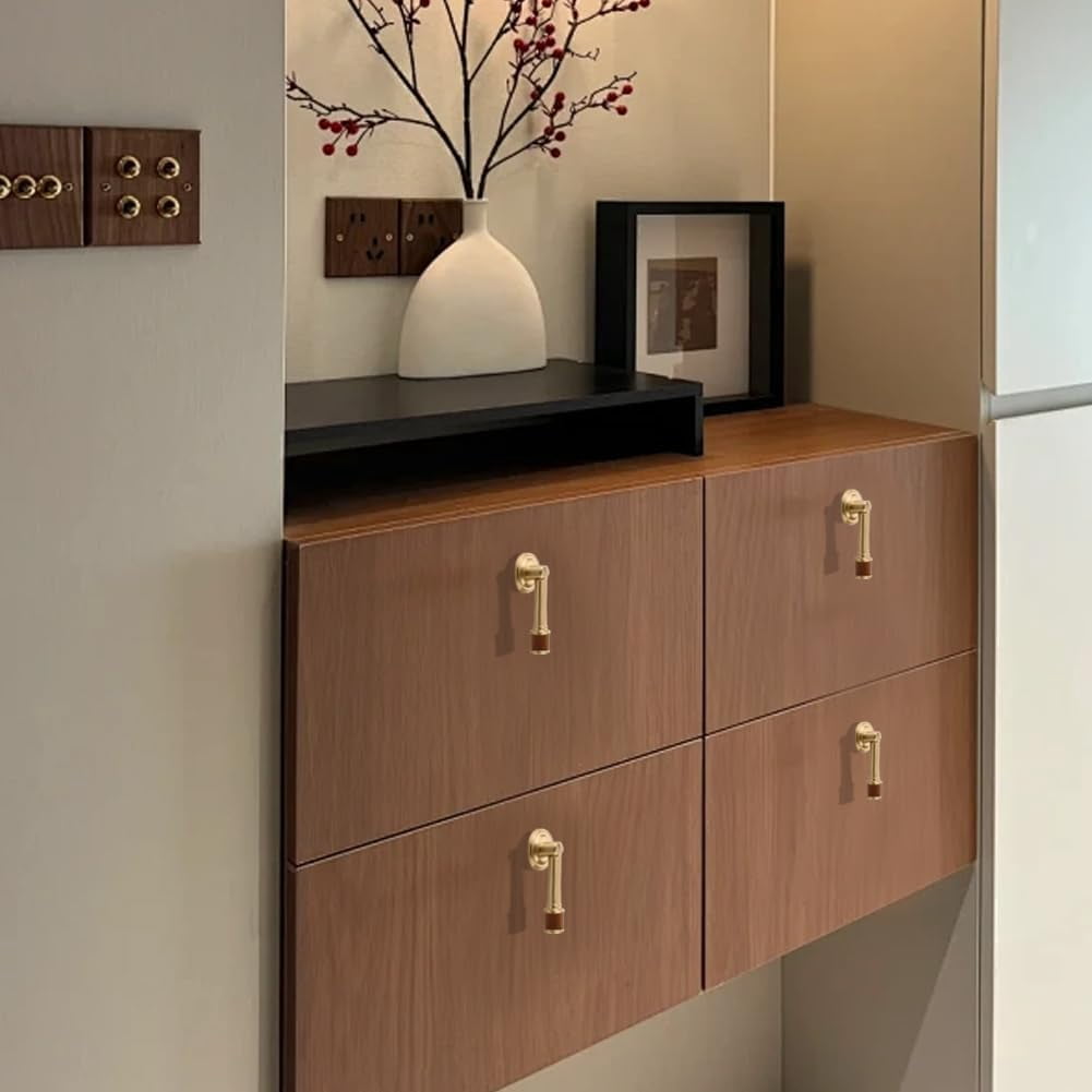 CATPAN 2Pcs Brass Walnut Drawer Pulls, Gold Brushed Cabinet Handles, Single Hole Cabinet Pull with Walnut Pendant, Antique Cabinet Knobs for Home Kitchen Office Cabinets Drawers Dresser Cupboard