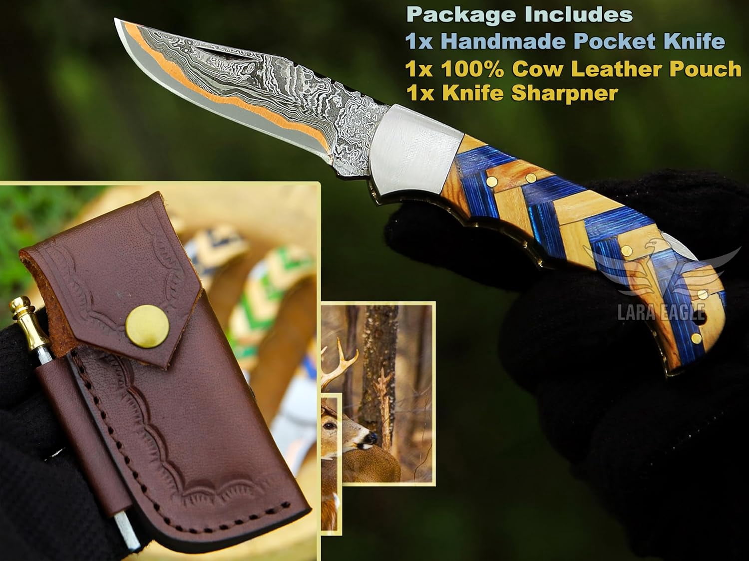 Copper Damascus Pocket Knife – Olive & Blue Handle, Survival Hunting Knife with Leather Sheath & Sharpener – Perfect for Outdoor and Tactical Use