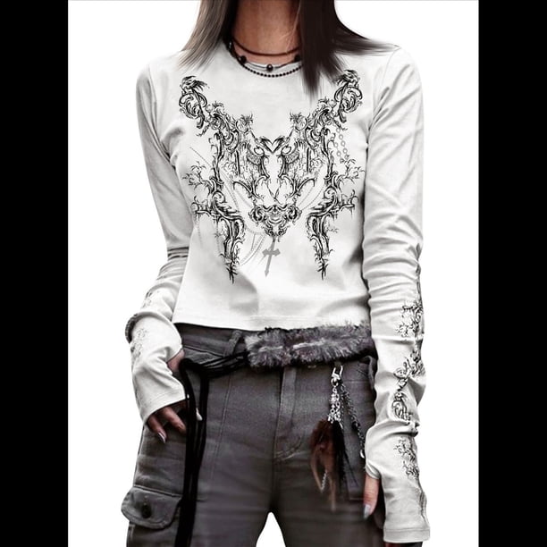 Camisetas Gráficas para Mujeres, Adolescentes, Estética Grunge, Gótica, Y2K, Básica, de Punto, Larga, Otoño. M