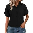 thumbnail image 2 of Short Sleeve Shirts for Women, Muslin Cotton Short Sleeve V Neck Linen Blouse Top, Black XXL, 2 of 9