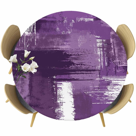 Purple Abstract Fitted Tablecloth with Elastic Edged, Round Table Cloth for Dining Table, Modern Mottled Art Oil Painting Waterproof Oil Proof Table Cover for Indoor Outdoor 45"-54"