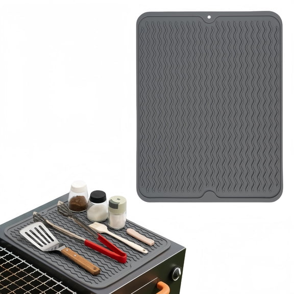 Silicone Grill Mat for Griddle, Heat Resistant BBQ Tool Mat with Drip Pad, Non-Slip Countertop Protector for Outdoor Cooking, Spatula Holder, Grey