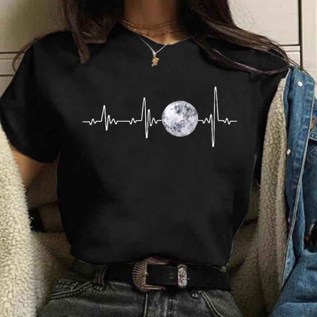 Camiseta negra de Luna para mujer, camiseta informal con cuello redondo, Camiseta con estampado de Eclipse Lunar para mujer