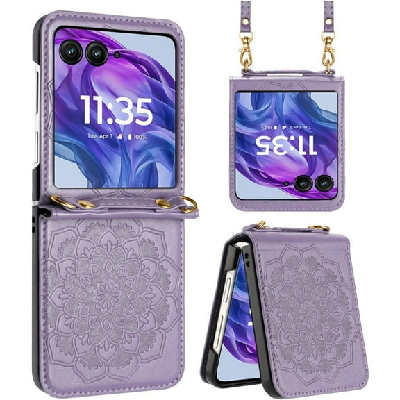 Mandala Flower Leather Protective Cover with Strap for Motorola Razr 2024 - Purple