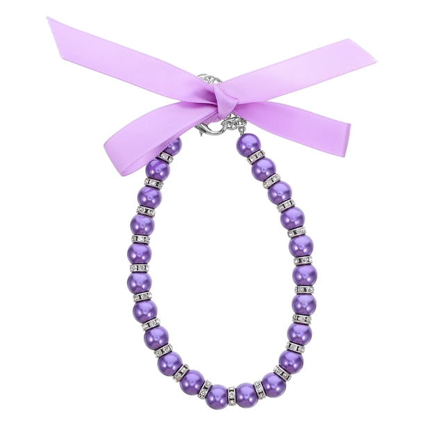 GOOHOCHY Collar de perlas de imitación para perros y gatos, con accesorios brillantes y lazo de cinta, joyería para cachorros, perras y gatas, color morado.