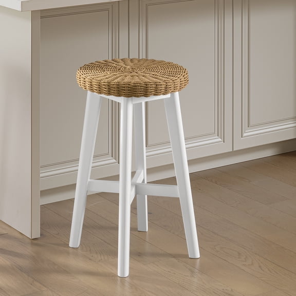 Alaterre Furniture Calais 24in Round Bar Stool with Woven Seat - Counter Height Bar Stools, White