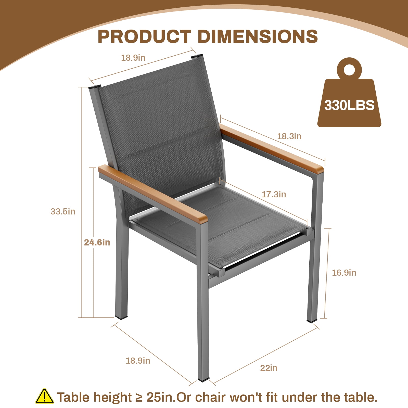 LIFERUN Patio Chairs Set of 4, Stackable Aluminum Outdoor Chair with Quilted Textilene & WPC Handrail, 17" Seat Height, All Weather Chair for Patio, Balcony, Poolside & Restaurants, Gray