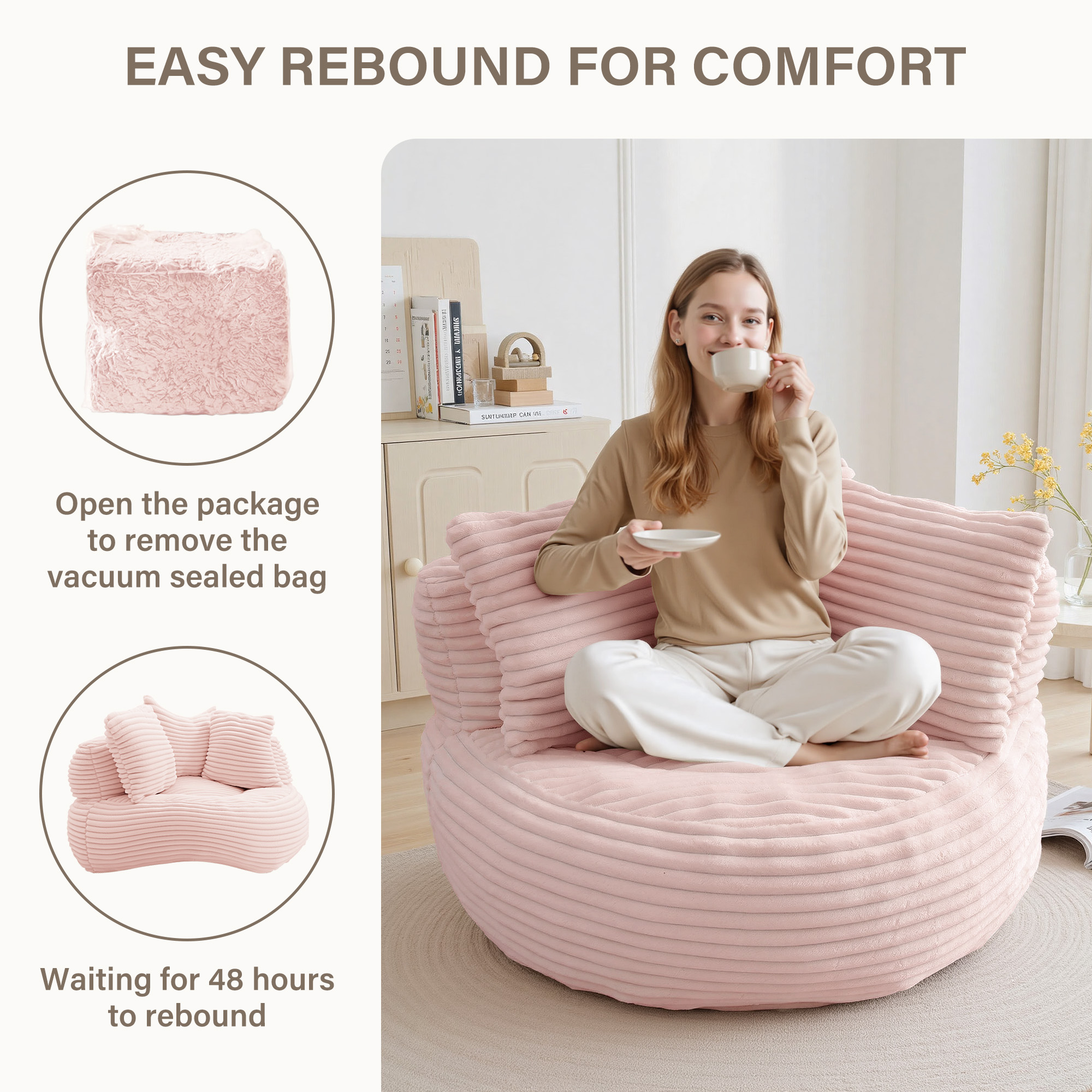 YINIX Oversized Bean Bag Chair with Backrest and Cushion, Cozy Round Floor Sofa for Living Room, Pink