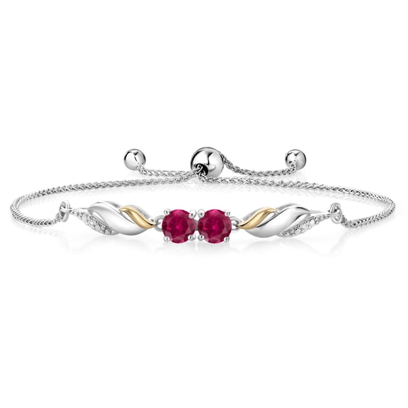Gem Stone King 925 Sterling Silver and 10K Yellow Gold Red Created Ruby and White Lab Grown Diamond Tennis Bracelet for Women (2.02 Cttw, Round 5MM, Fully Adjustable up to 9 inch)