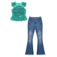 thumbnail image 4 of inlzdz Girls Flare Outfits Sparkle Ruffle Sleeve Dance Crop Top with Flared Jeans Denim Pants Set Lake Green 16, 4 of 6