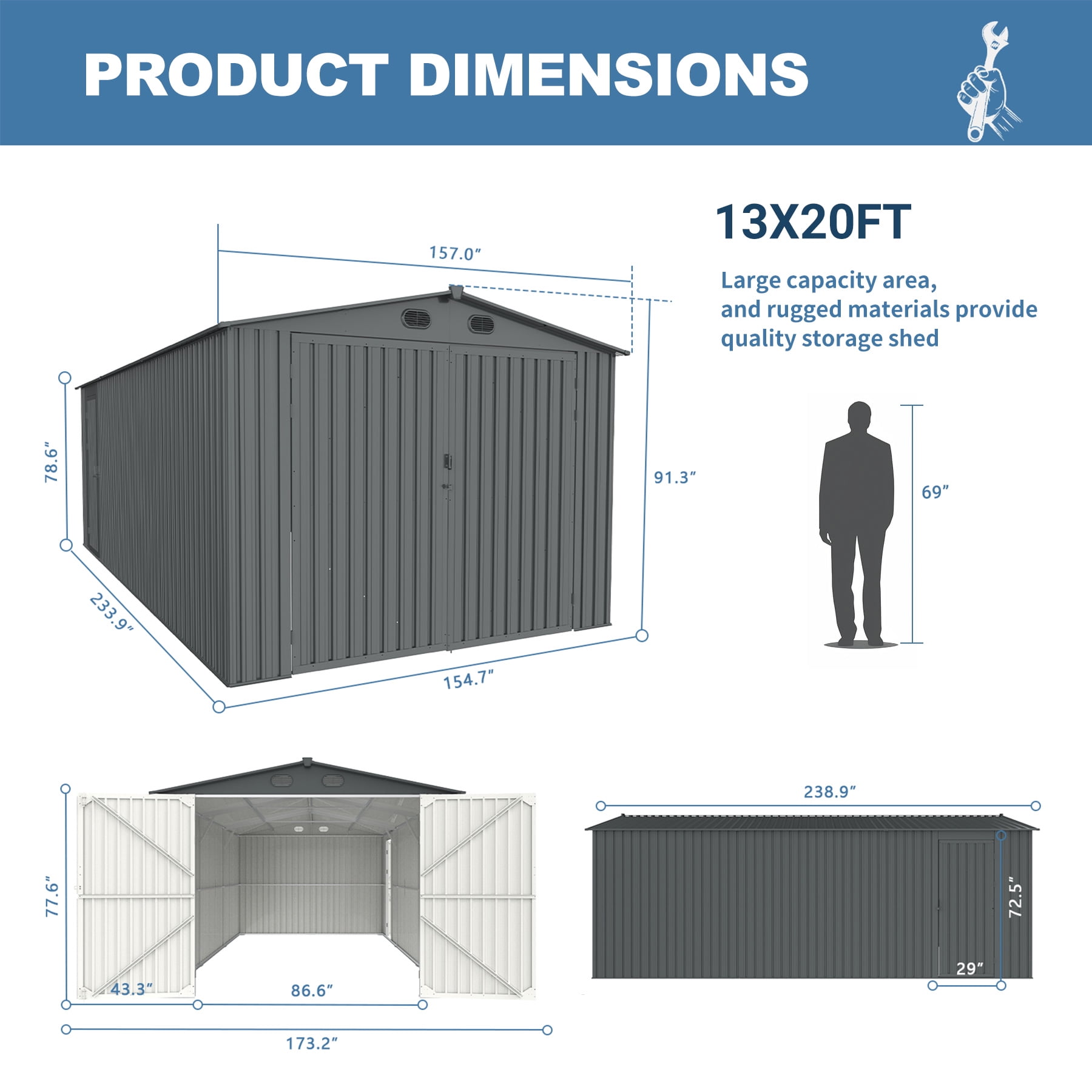 13x20 Ft Outdoor Metal Garage Shed, Extra Large Storage Shed with Double Hinged Doors, Carport for Car, Truck, Bicycle and Garden Equipment, Dark Gray