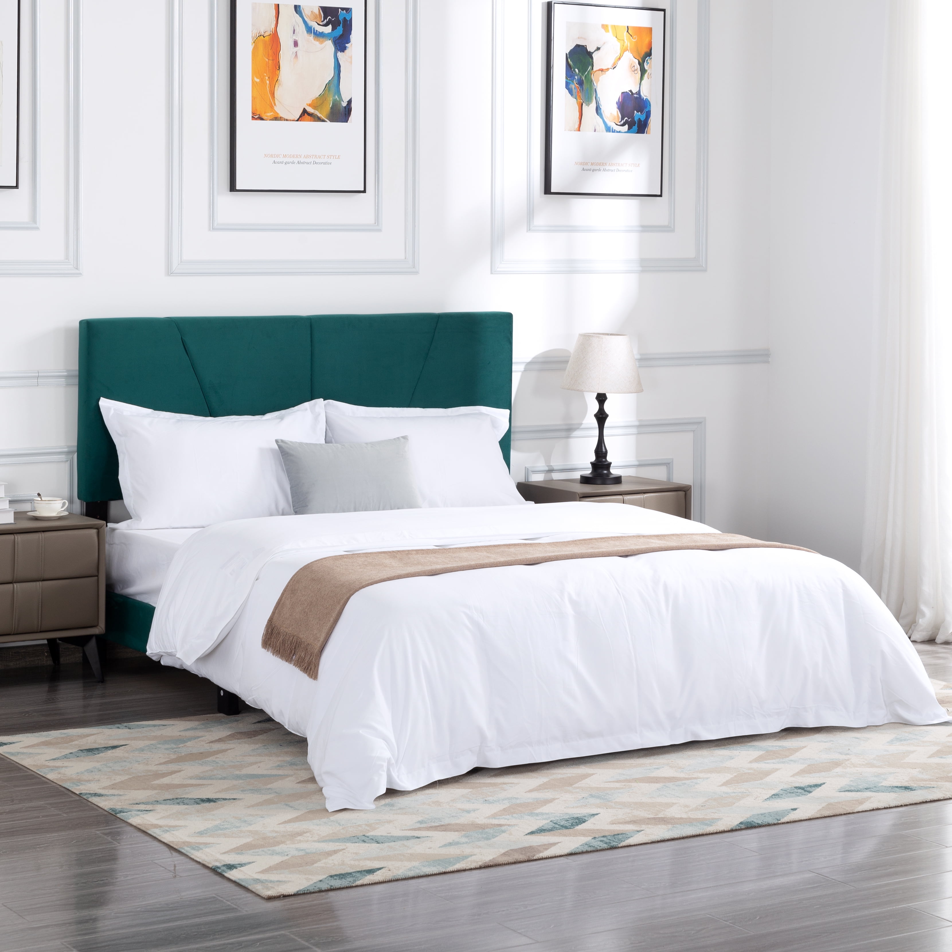 BRGMAUS Queen Bed Frame, with Headboard, , Heavy Duty Feet, Easy Assembly, Linen/Velvet Upholstered Bed Frame with Wood Slats Support, Queen Bed Frame (Green)