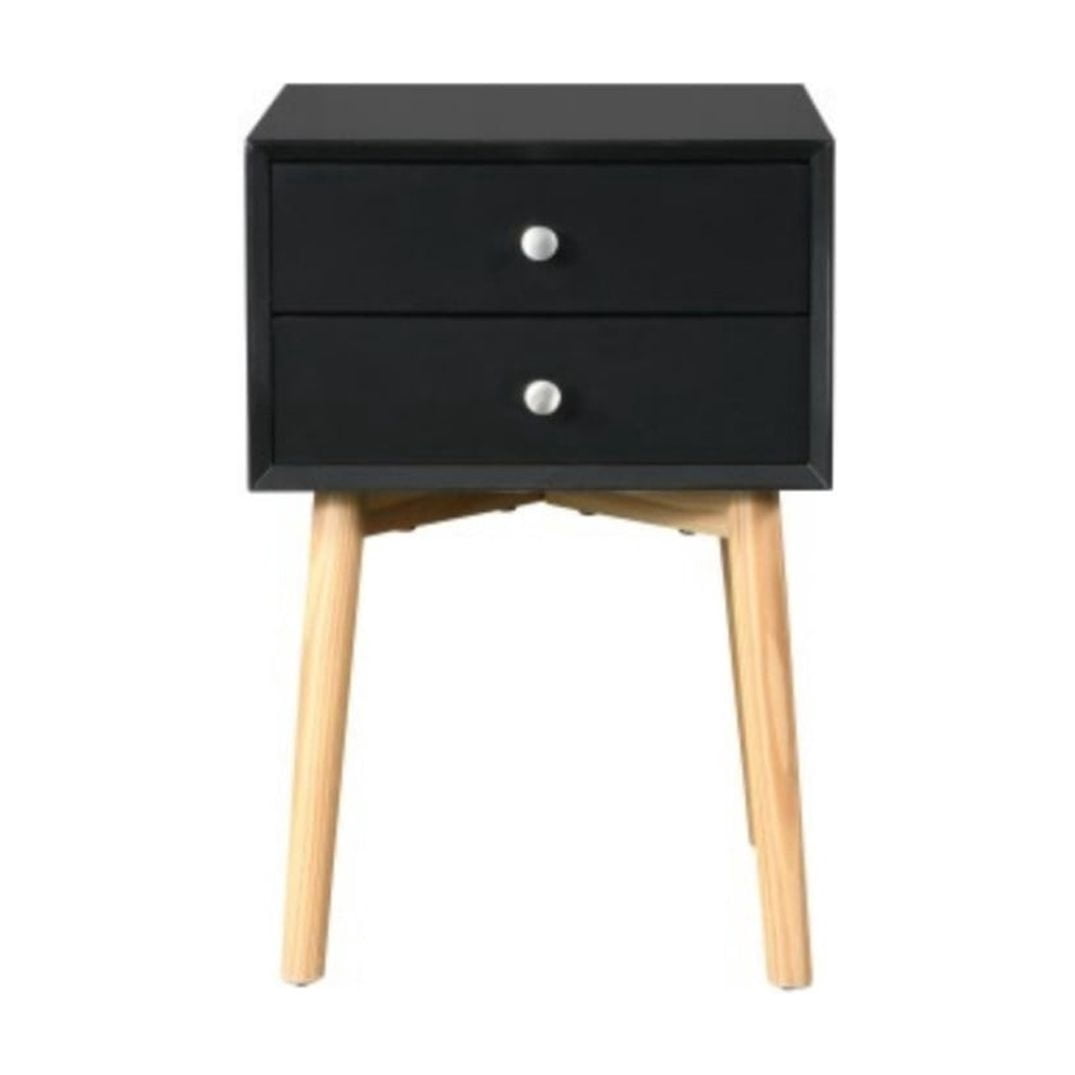 Side Table with 2 Drawers, Mid-Century Modern Nightstand with Rubber Wood Legs, Small Storage Cabinet for Bedroom Living Room, Black