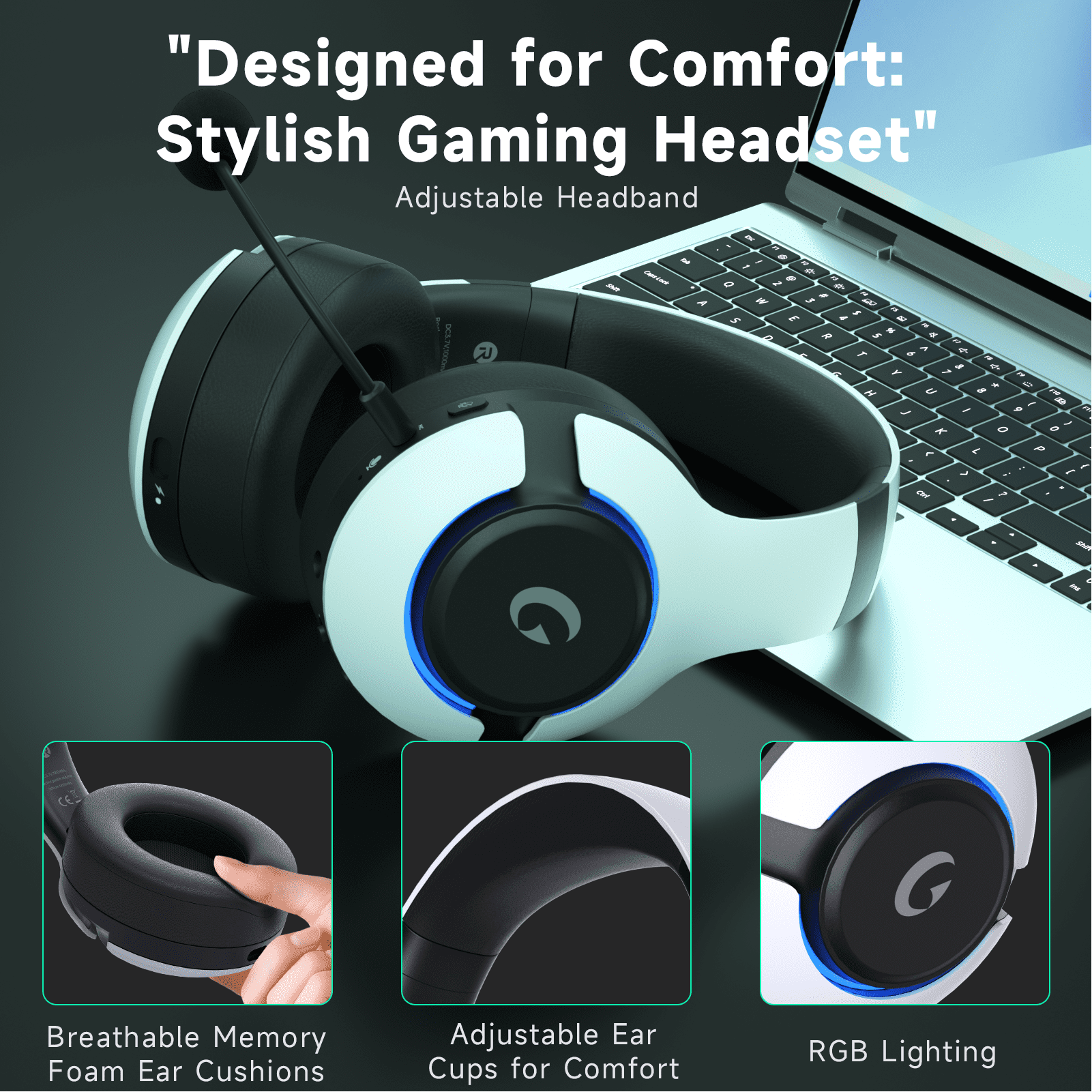 AYEDLOE 2.4GHz Wireless Gaming Headset for PS5, PS4, PC, Switch , Bluetooth 5.3 Gaming Headphones, Noise Canceling Mic, 45H, RGB, Black-White