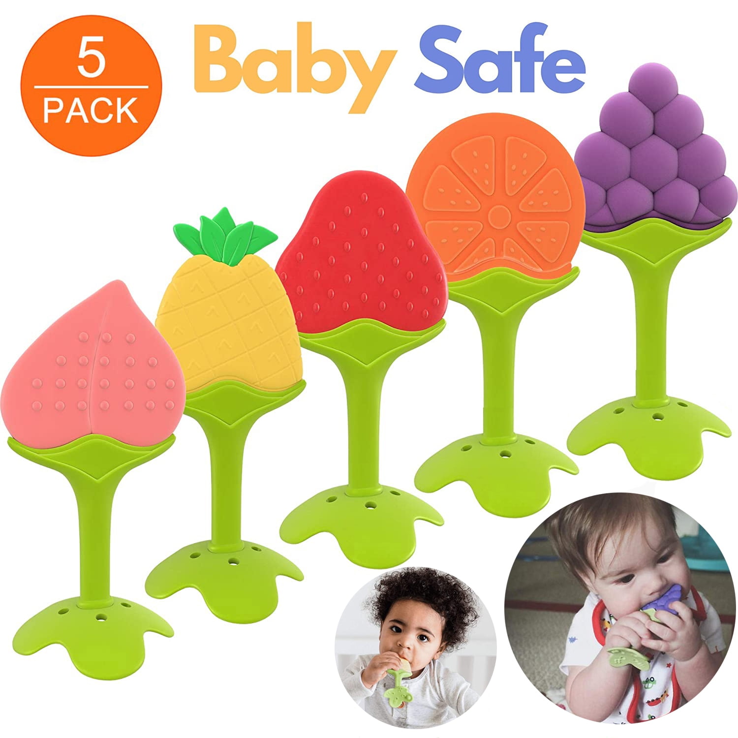 Toddlers Infant Baby Boys Girls Teething Toys Soft Silicone Fruit Teether Holder 