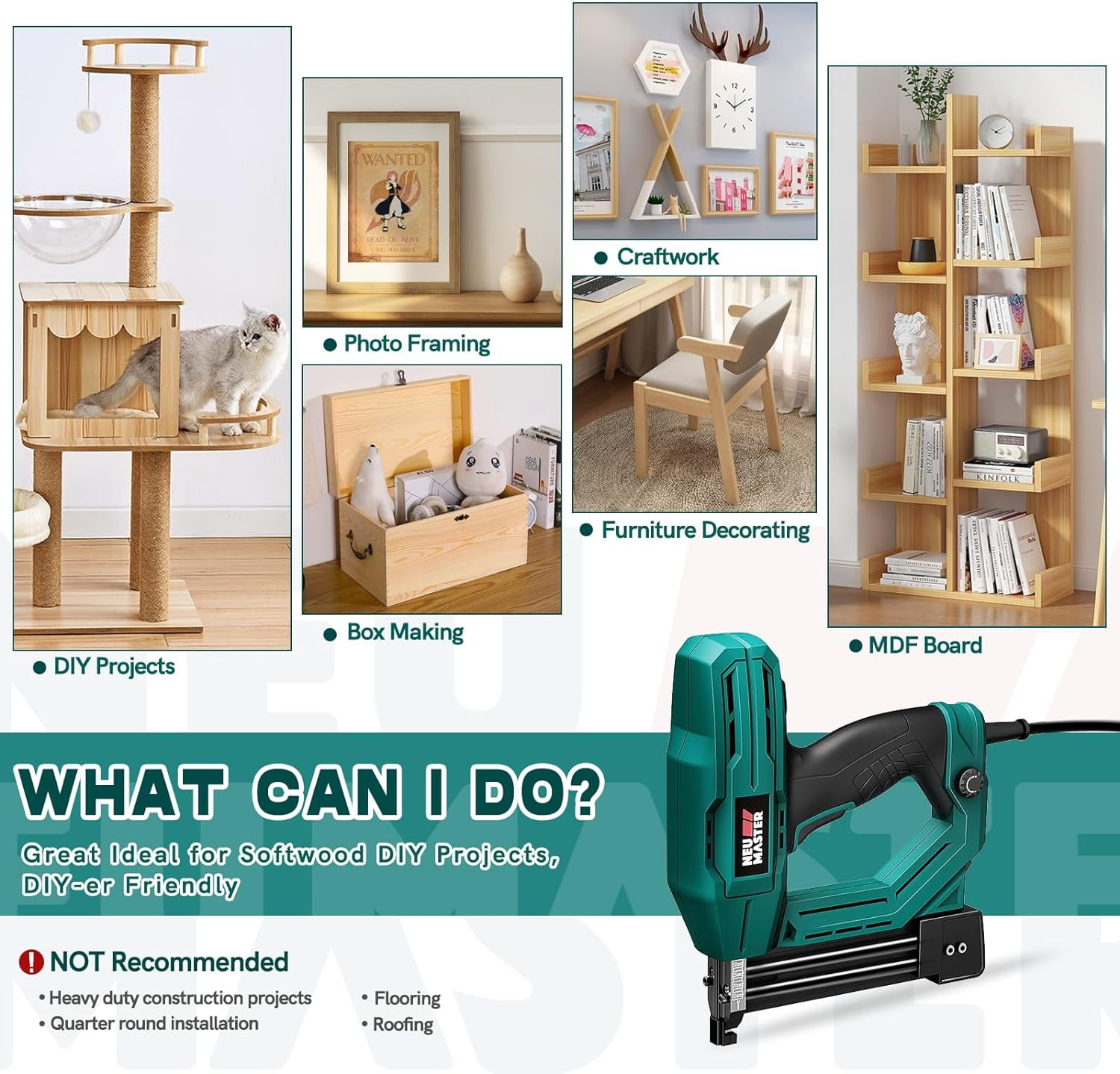 NEU MASTER 2-in-1 Electric Brad Nailer, Electric Nail Gun/Staple Gun for Upholstery, Carpentry and Woodworking Projects, 1/4'' Narrow Crown Staples 200pcs and Nails 800pcs Included
