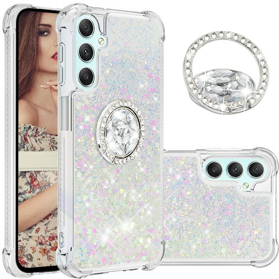 CCSmaller Glitter Clear Sparkly Bling Case for Samsung Galaxy A34 5G , Flowing Liquid Quicksand Cover with Diamond Ring Holder Case for Samsung Galaxy A34 5G LSZ Colorful
