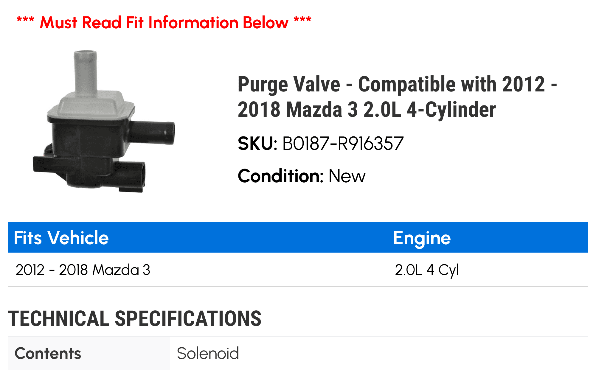 Purge Valve - Compatible with 2012 - 2018 Mazda 3 2.0L 4-Cylinder 2013 2014 2015 2016 2017