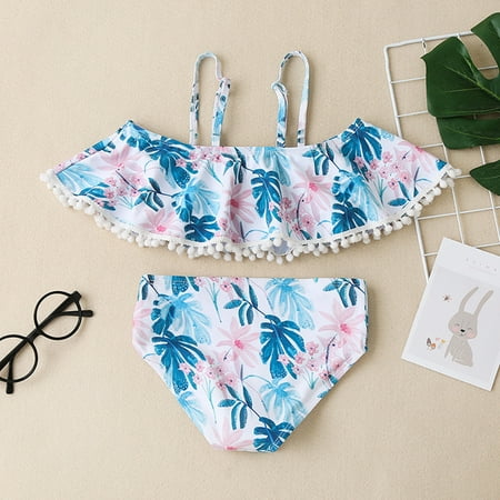 

Gubotare Toddler Summer Girls Flower Leaves Printed Vacation Style Two Piece Swimwear Swimsuit Bikini N Apparel Blue 6-7 Years