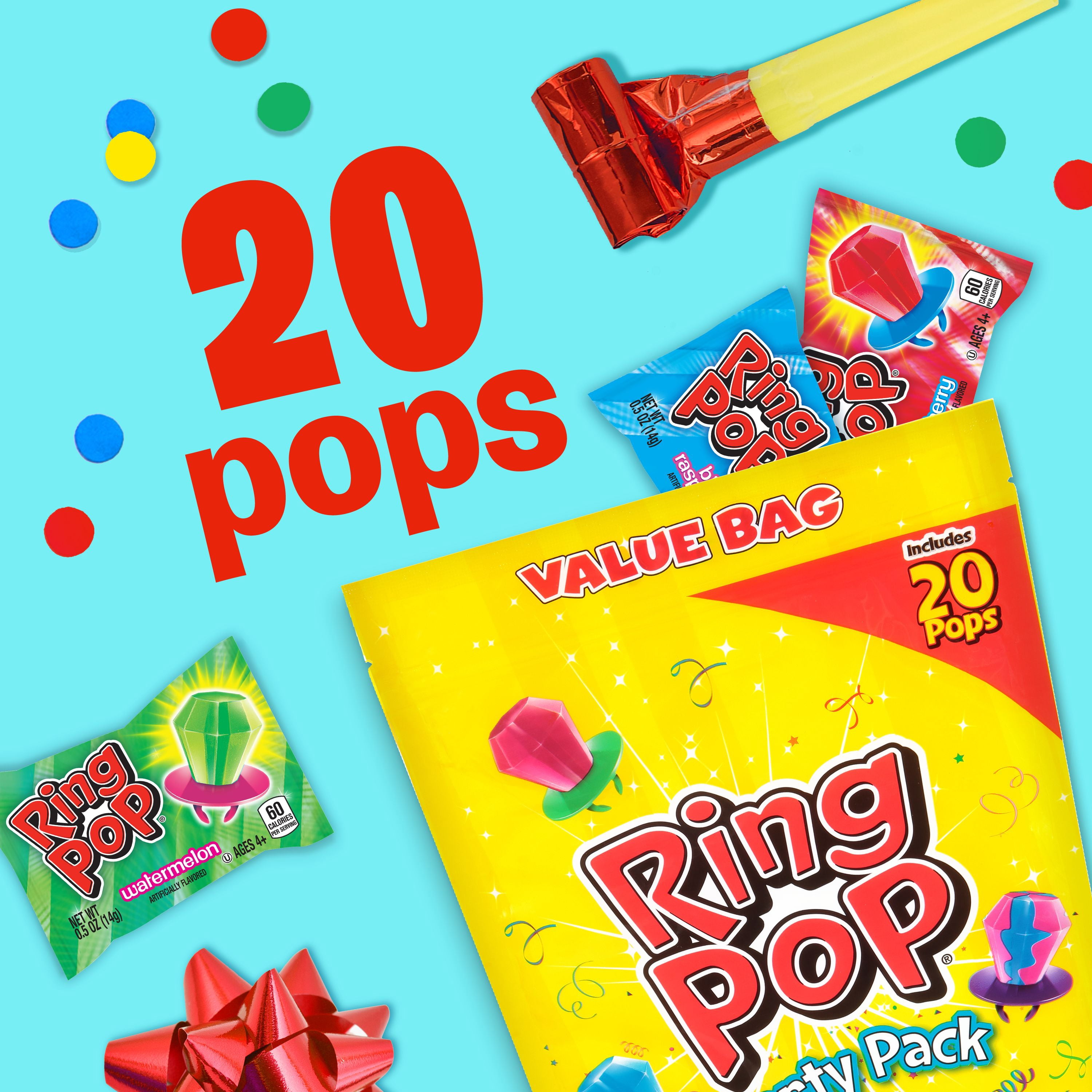 Ring Pop Lollipops, Assorted Flavors, Full Size Candy, Party Favor, 10 oz, 20 Count Variety Pack