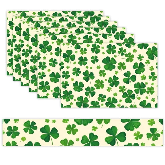 7 Piece Linen Table Runner and Placemats Set, Shamrock Irish Pattern Round Corner Heat Resistant Washable Table Mats for Home Kitchen Dining Party Decoration