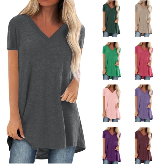 Summer Tops for Women, Mgmyaa Women T-Shirts, Plus Size V-Neck Short Sleeve Tops, Long Fashion Solid Color Fit Casual Tees