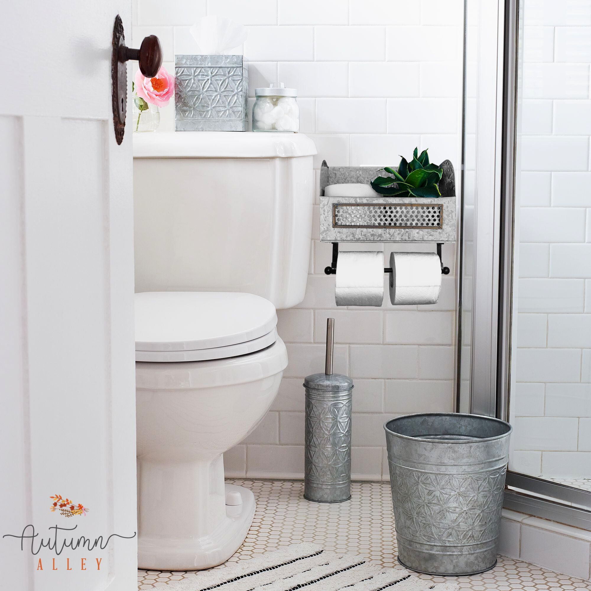 Autumn Alley Galvanized Farmhouse Toilet Paper Holder with Shelf for Wall Mount, Natural Finish
