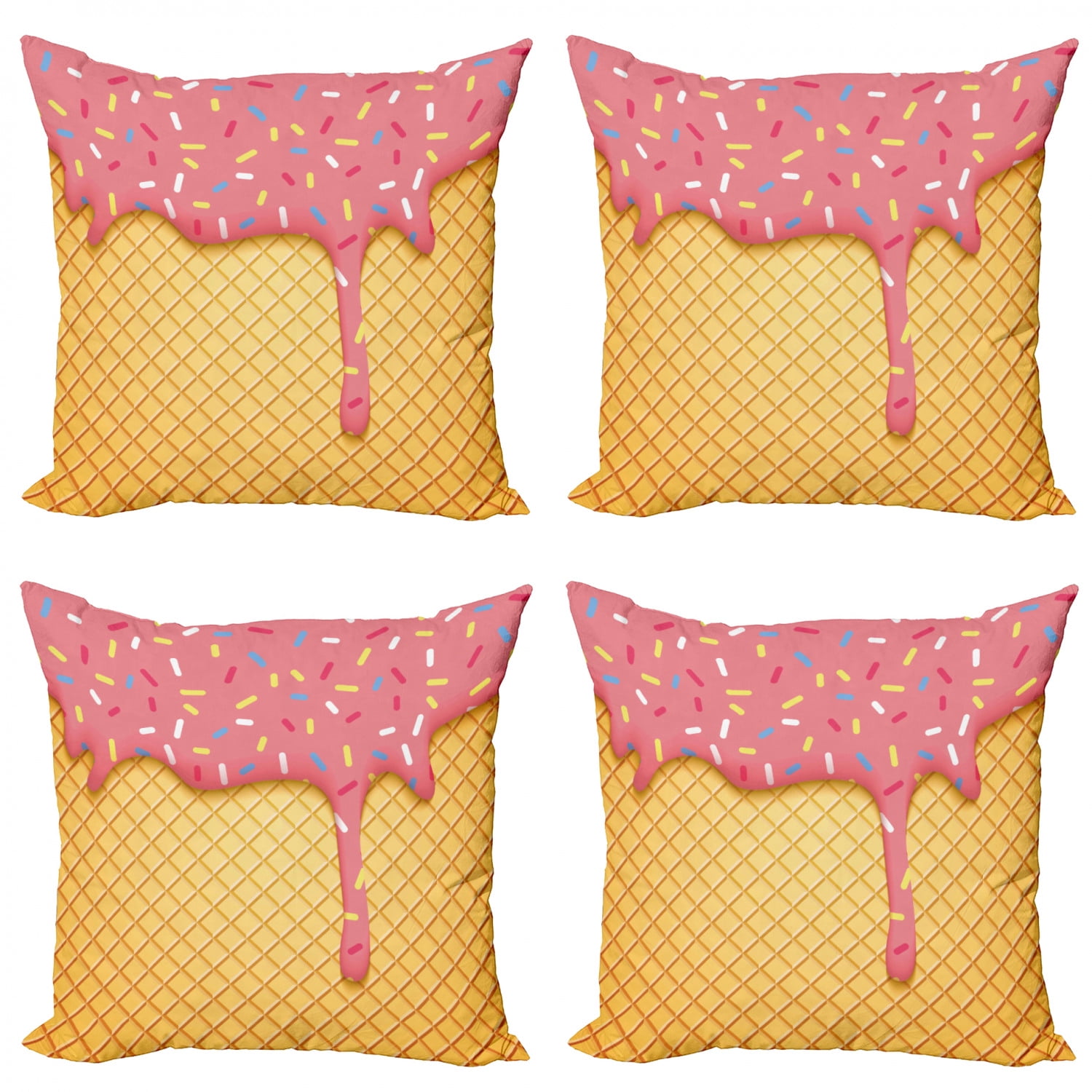 Ice Cream Throw Pillow Cushion Case Pack of 4, Waffle Pattern Cherry Flavor on Yummy Summer