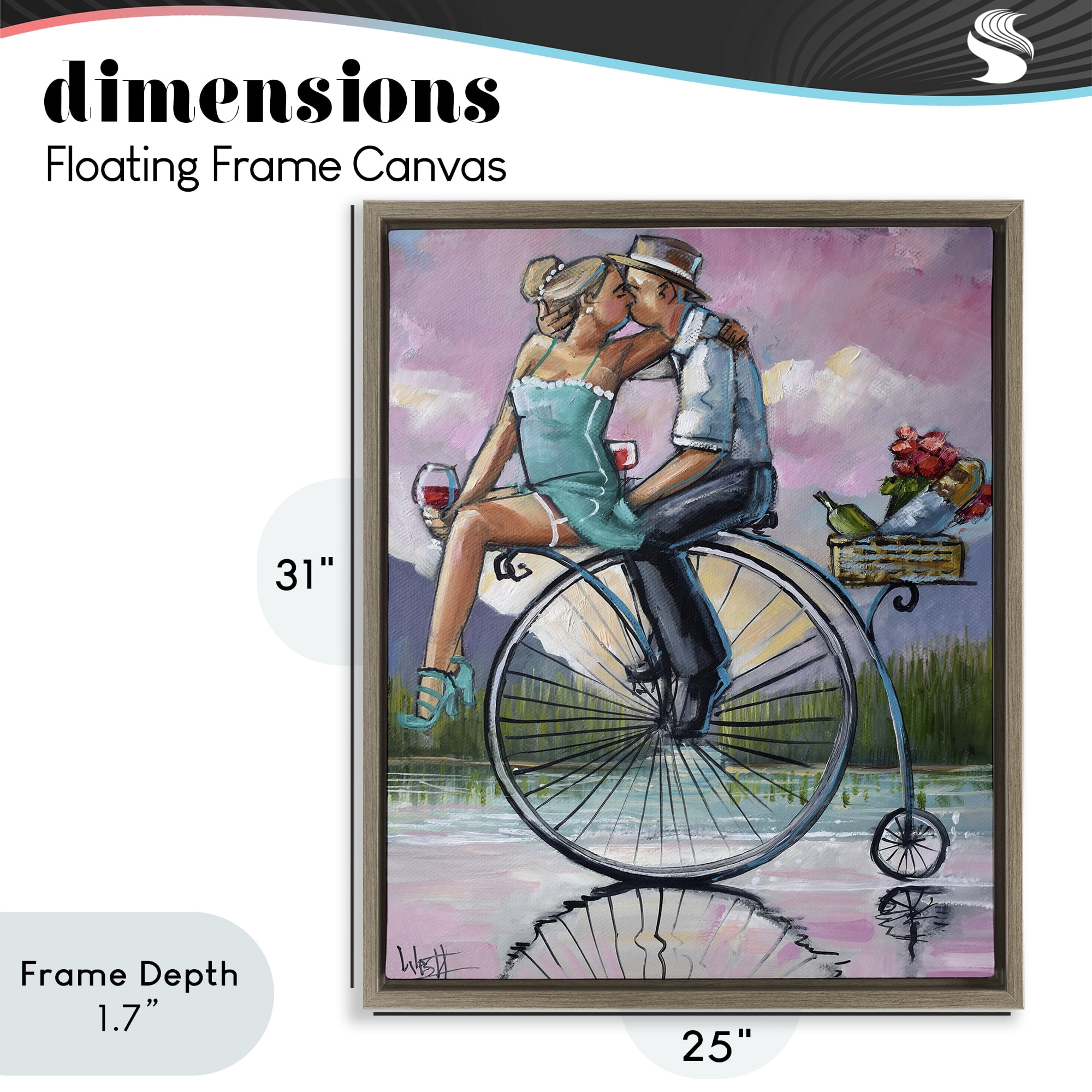 Stupell Industries Romantic Picnic on Bicycle Brown Framed Floater Canvas Wall Art, design by Ronald West