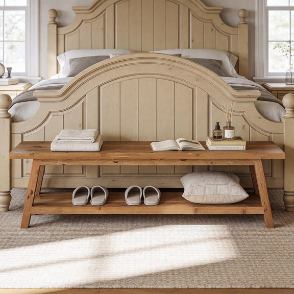 Tribesigns 63" Solid Wood End of Bed Bench With Shelf