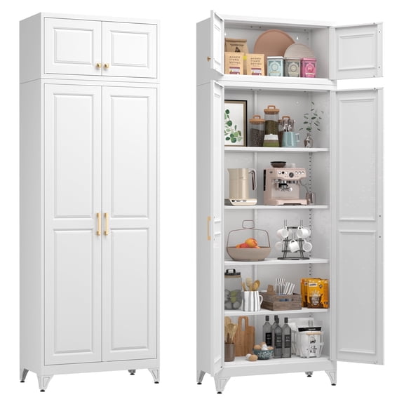 Polup 90" Height Modern Metal Pantry Storage Cabinet with Doors and Adjustable Shelves White for Living Room Kitchen and Home