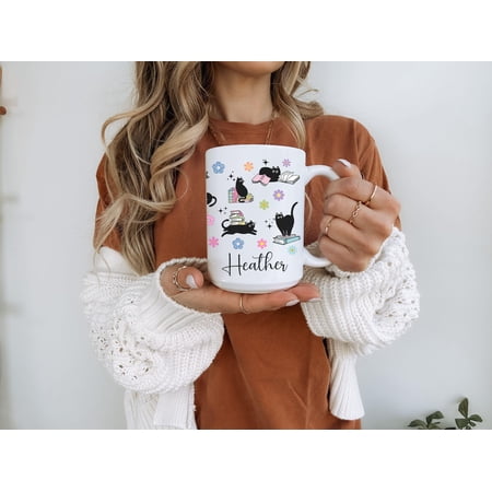 Personalized Book Lover Mug Custom Book Club Cup Teacher / Reader Gift Bookish Cats & Coffee Mug for Bookworms