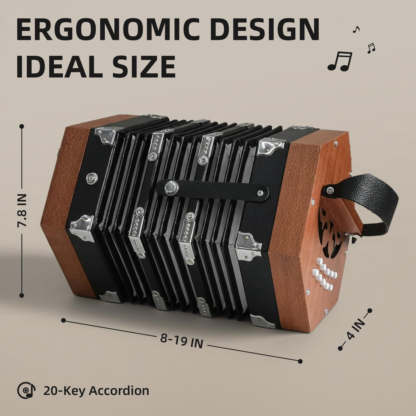 Rowadtim 20-Key Wood Concertina Accordion for Adults, Professional Beginner Instrument with Adjustable Hand Straps and Full Accessories