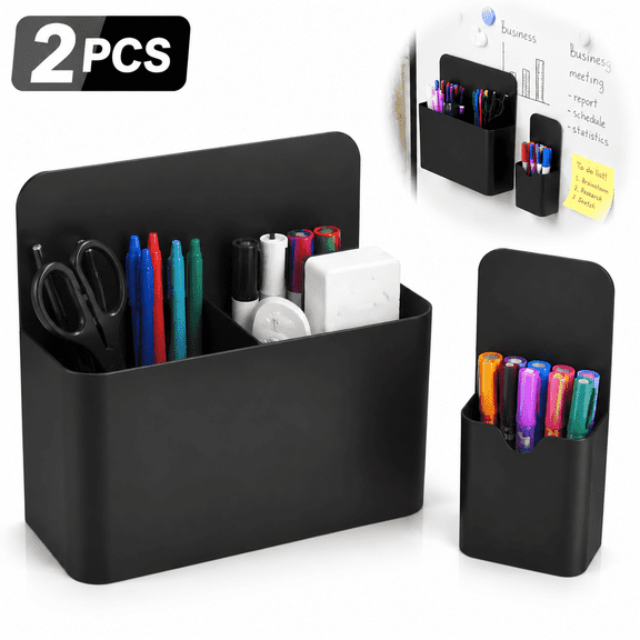 Genreen 2-Pack Magnetic Pen Holder for Whiteboard & Refrigerator – Adjustable Divider Dry Erase Marker Organizer – Heavy Duty ABS Storage Cup for Locker & Office (1 Large 1 Small)