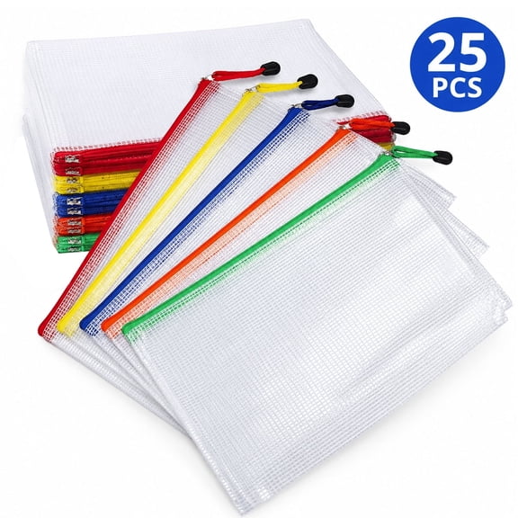 Plastic File Folders Envelops Mesh Zipper Pouch Document Holder Bag for Organizing, Waterproof, Letter Size for Office Supplies Storage Bag A4 25Pcs