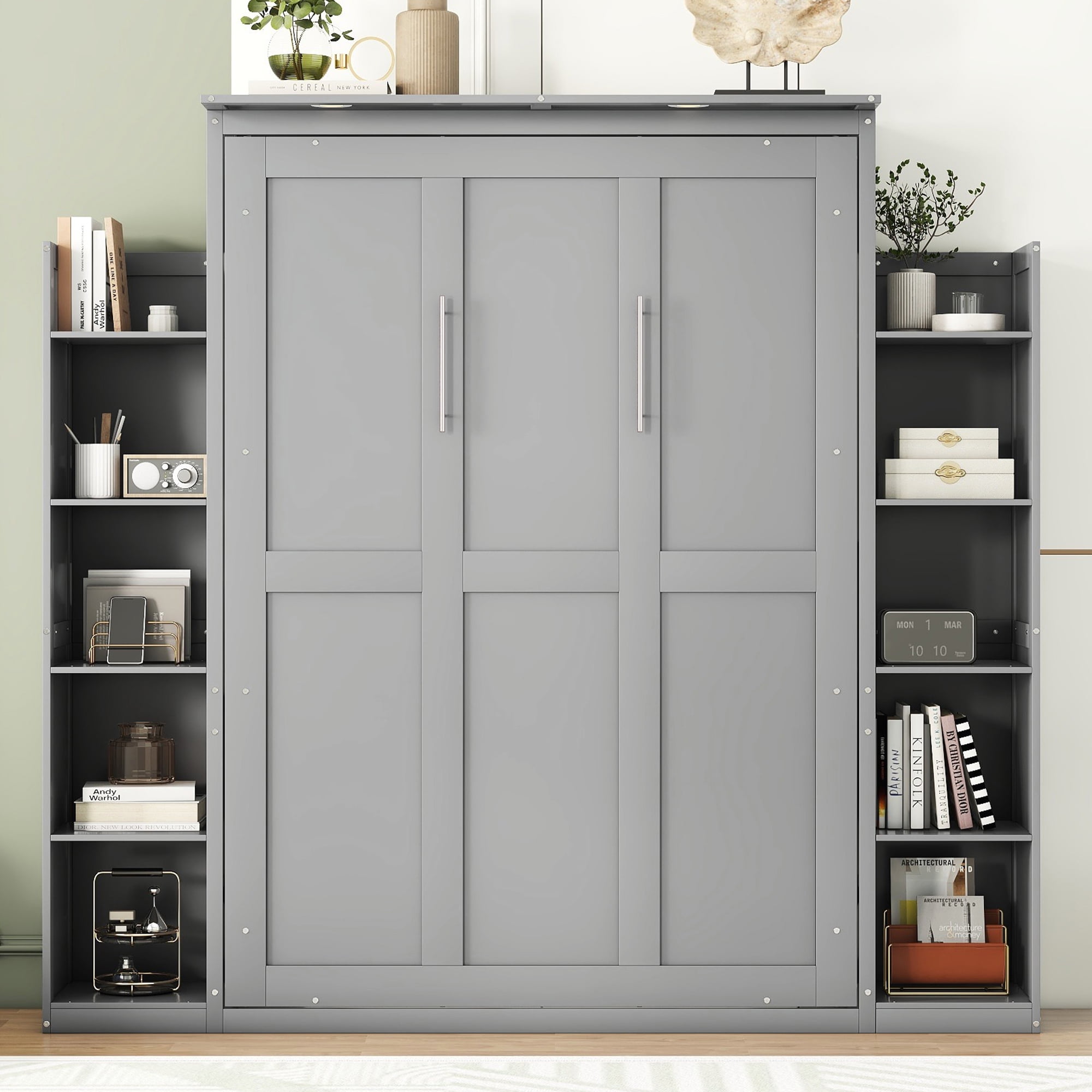 Noble House Full Size Murphy Bed Wall Bed with Shelves and LED Lights,Gray