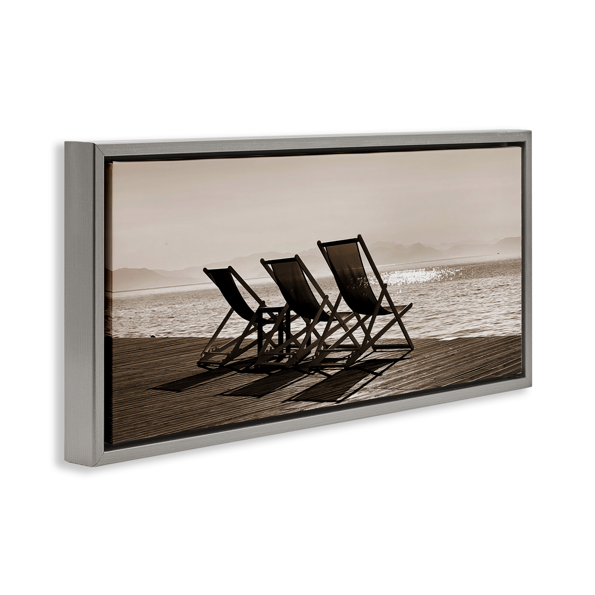 Stupell Industries On Deck Beach Chairs Coastal Photography Gray Floater Framed Canvas Art Print Wall Art, 31 x 14