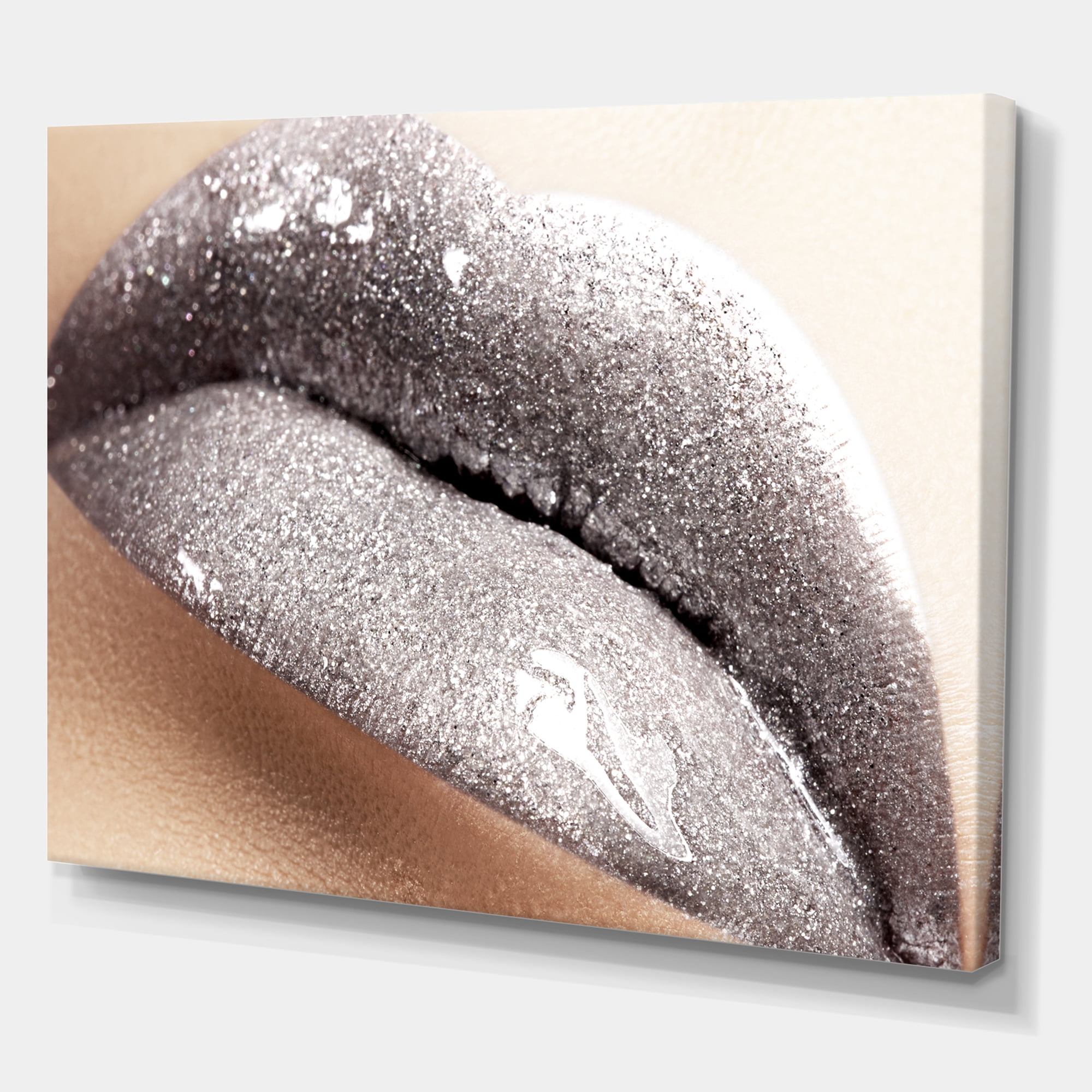Designart ' Close Up of Female Lips With Glittering Silver ' Modern Canvas Wall Art Print