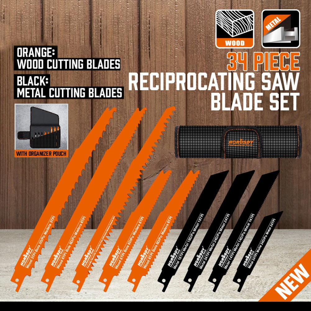 34 PC Reciprocating Saw Blade Set Metal Woodcutting Pruning With Organizer Pouch 