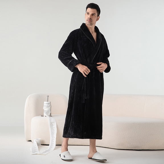 unisex Winter Warm long robes solid color Nightgown Couple mens womens thick fleece Bathrobe with pockets loungewear home clothes Black L