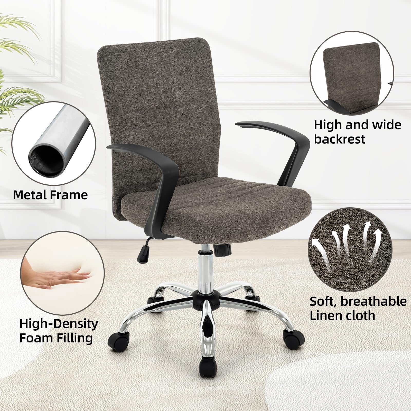 Linen Office Chair with Arms, Upholstered Mid-Back Desk Chair with Adjustable Height and Back Angle, 360° Swivel with Wheels for Home Office or Study (Dark Grey)