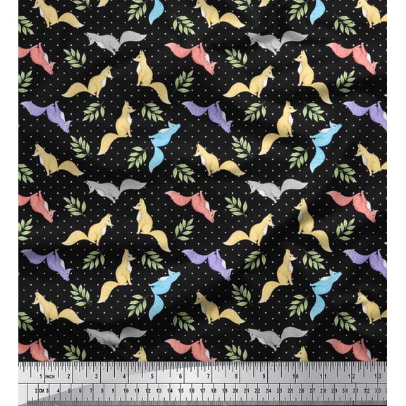 Soimoi Cotton Duck Fabric Dot,Leaves & Fox Animal Print Sewing Fabric Yard 42 Inch Wide