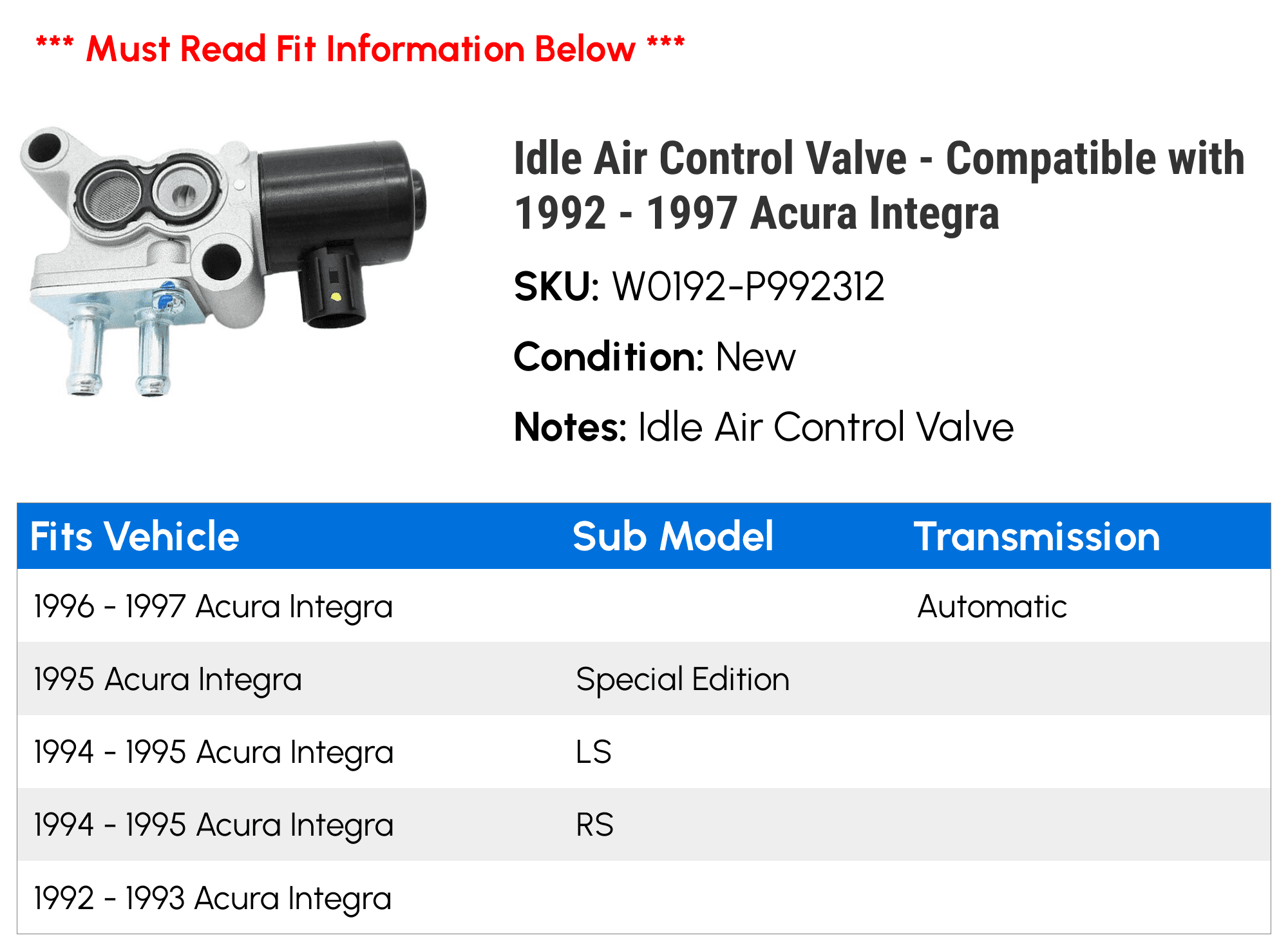 Idle Air Control Valve - Compatible with 1992 - 1997 Acura Integra 1993 1994 1995 1996
